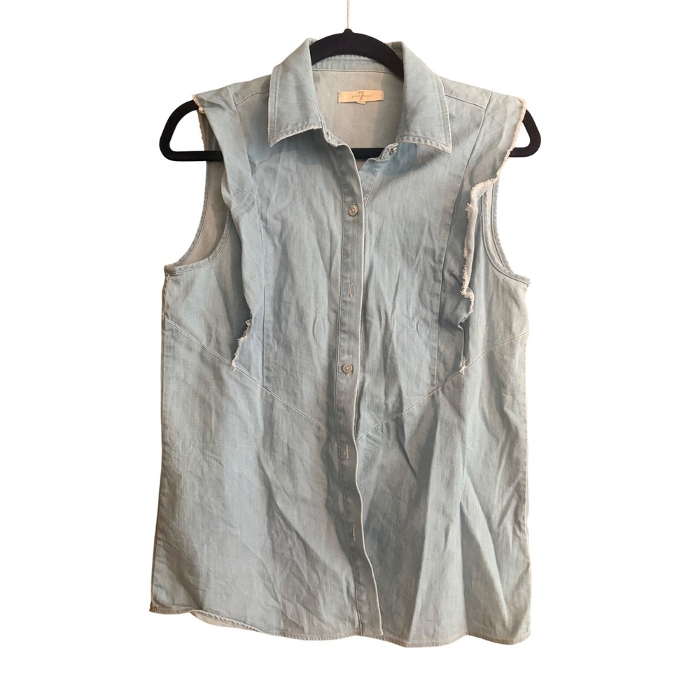 7 For All Mankind Womens Light‎ Wash Ruffle Sleeveless Denim Button Down Top S